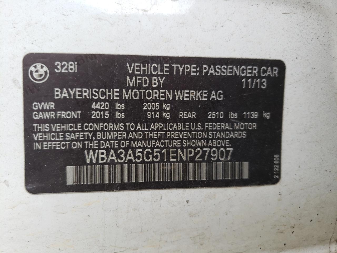 Photo 10 from auction – 2014 BMW 328 I with VIN WBA3A5G51ENP27907