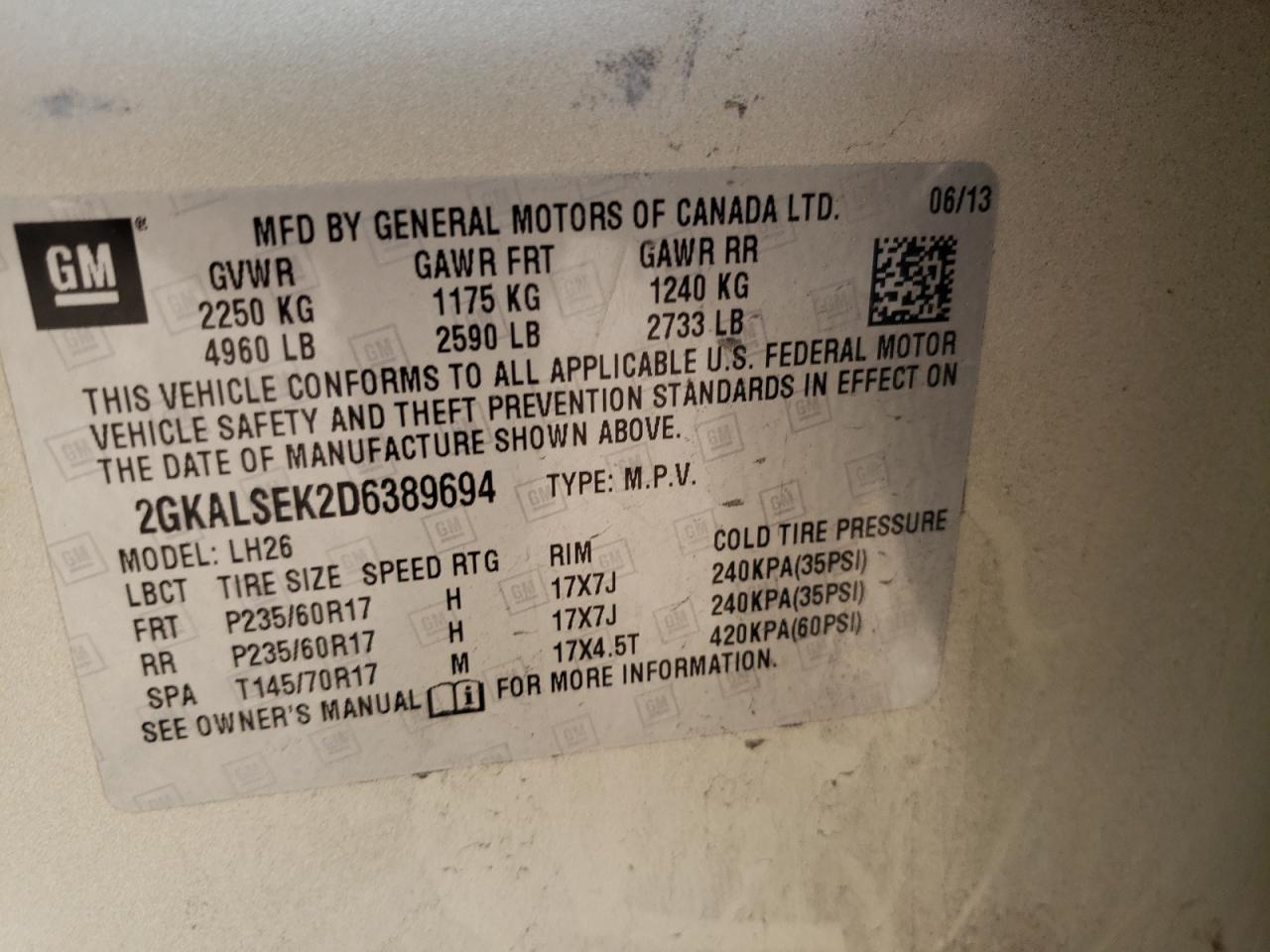 Photo 10 from auction – 2013 GMC TERRAIN SL with VIN 2GKALSEK2D6389694