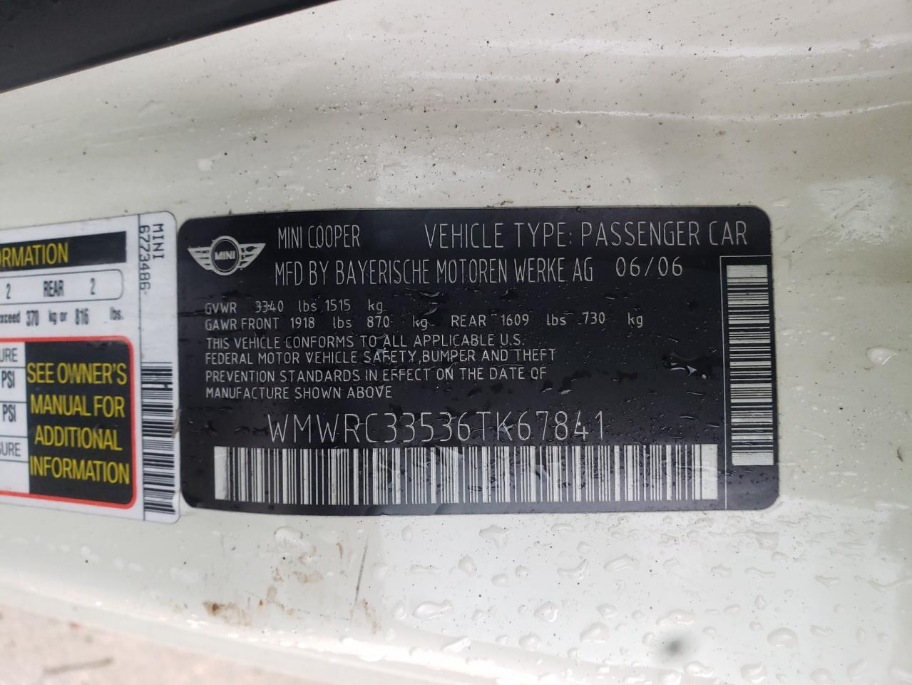 Photo 10 from auction – 2006 MINI COOPER with VIN WMWRC33536TK67841