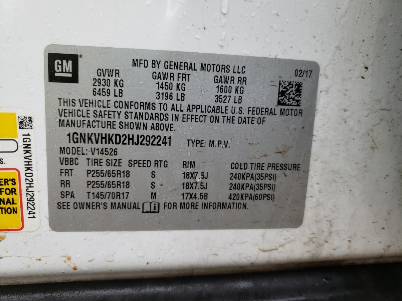 Photo 10 from auction – 2017 CHEVROLET TRAVERSE L with VIN 1GNKVHKD2HJ292241
