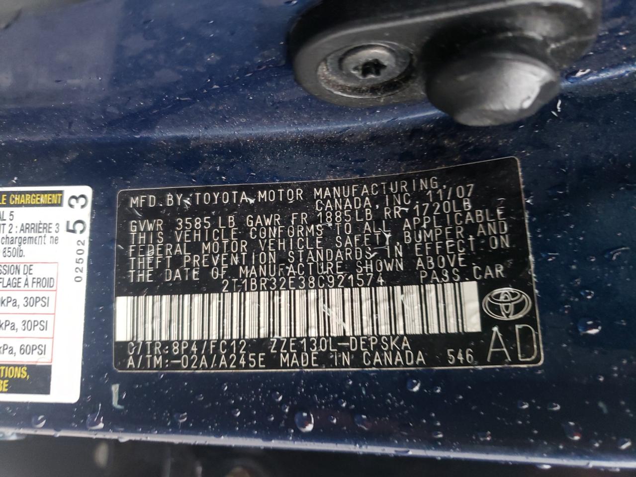 Photo 10 from auction – 2008 TOYOTA COROLLA CE with VIN 2T1BR32E38C921574