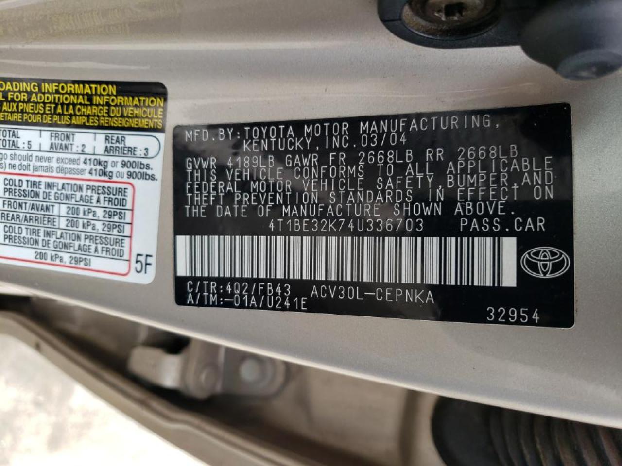 Photo 10 from auction – 2004 TOYOTA CAMRY LE with VIN 4T1BE32K74U336703