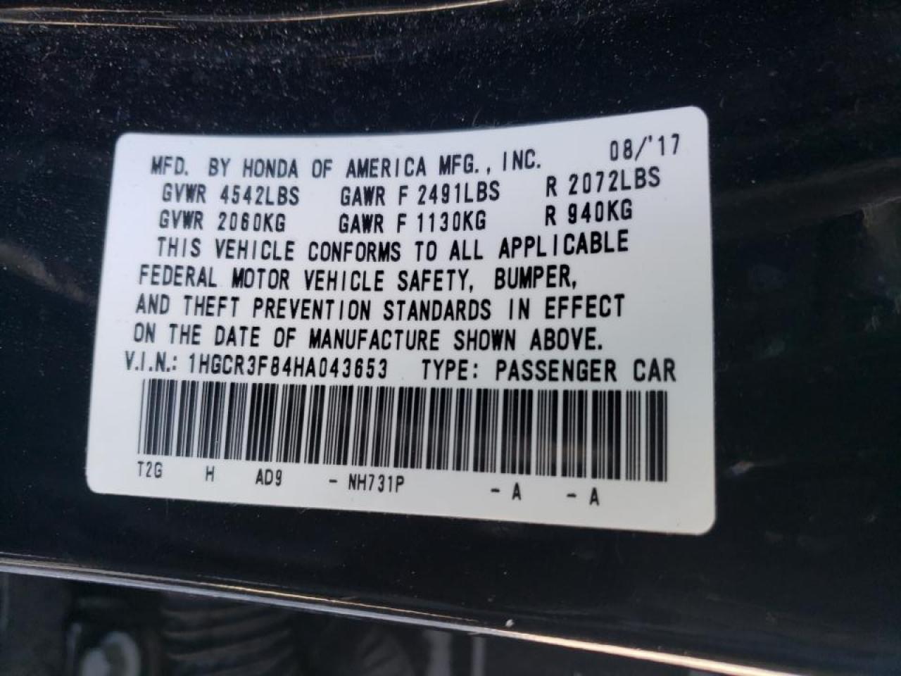 Photo 10 from auction – 2017 HONDA ACCORD EXL with VIN 1HGCR3F84HA043653
