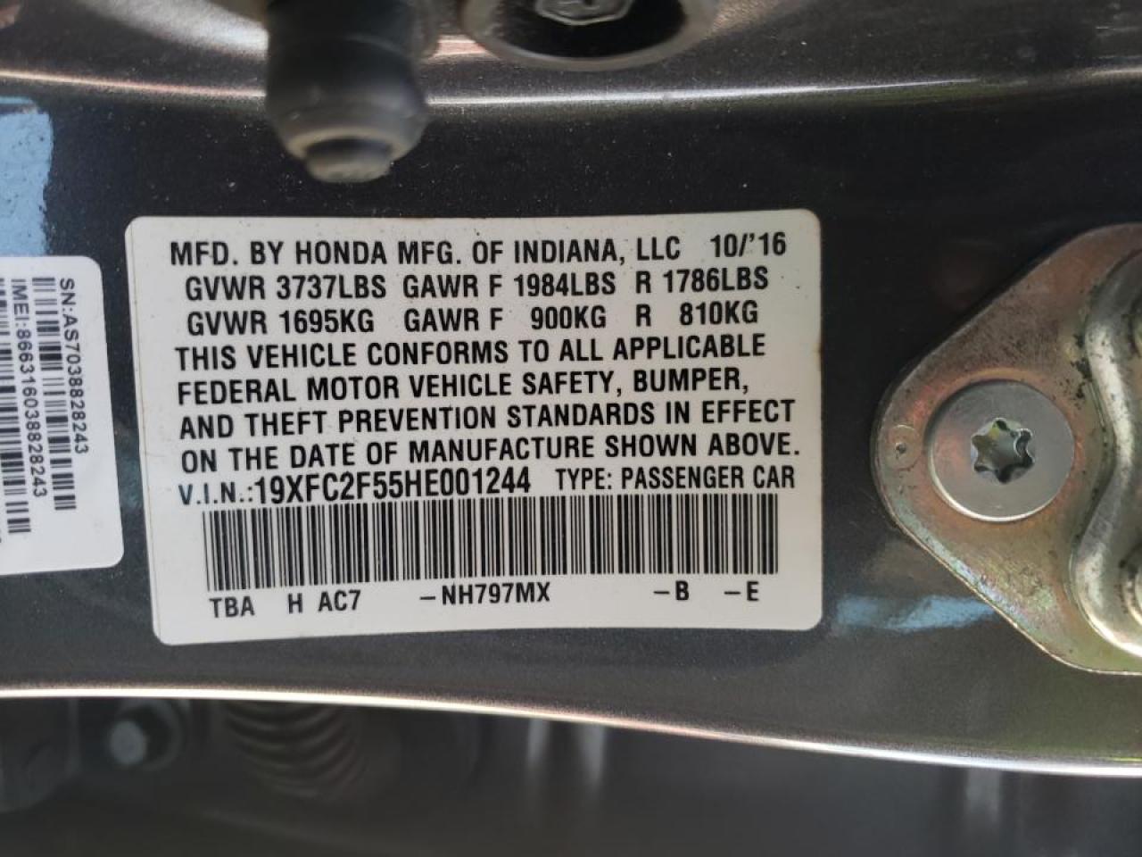 Photo 10 from auction – 2017 HONDA CIVIC LX with VIN 19XFC2F55HE001244