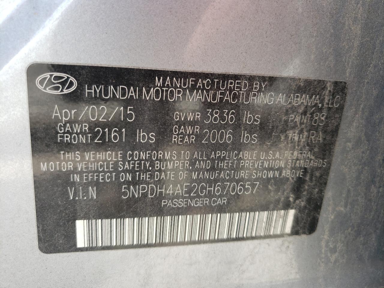 Photo 10 from auction – 2016 HYUNDAI ELANTRA SE with VIN 5NPDH4AE2GH670657
