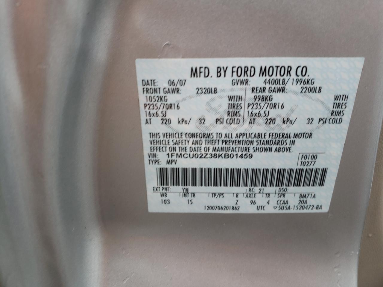 Photo 10 from auction – 2008 FORD ESCAPE XLS with VIN 1FMCU02Z38KB01459