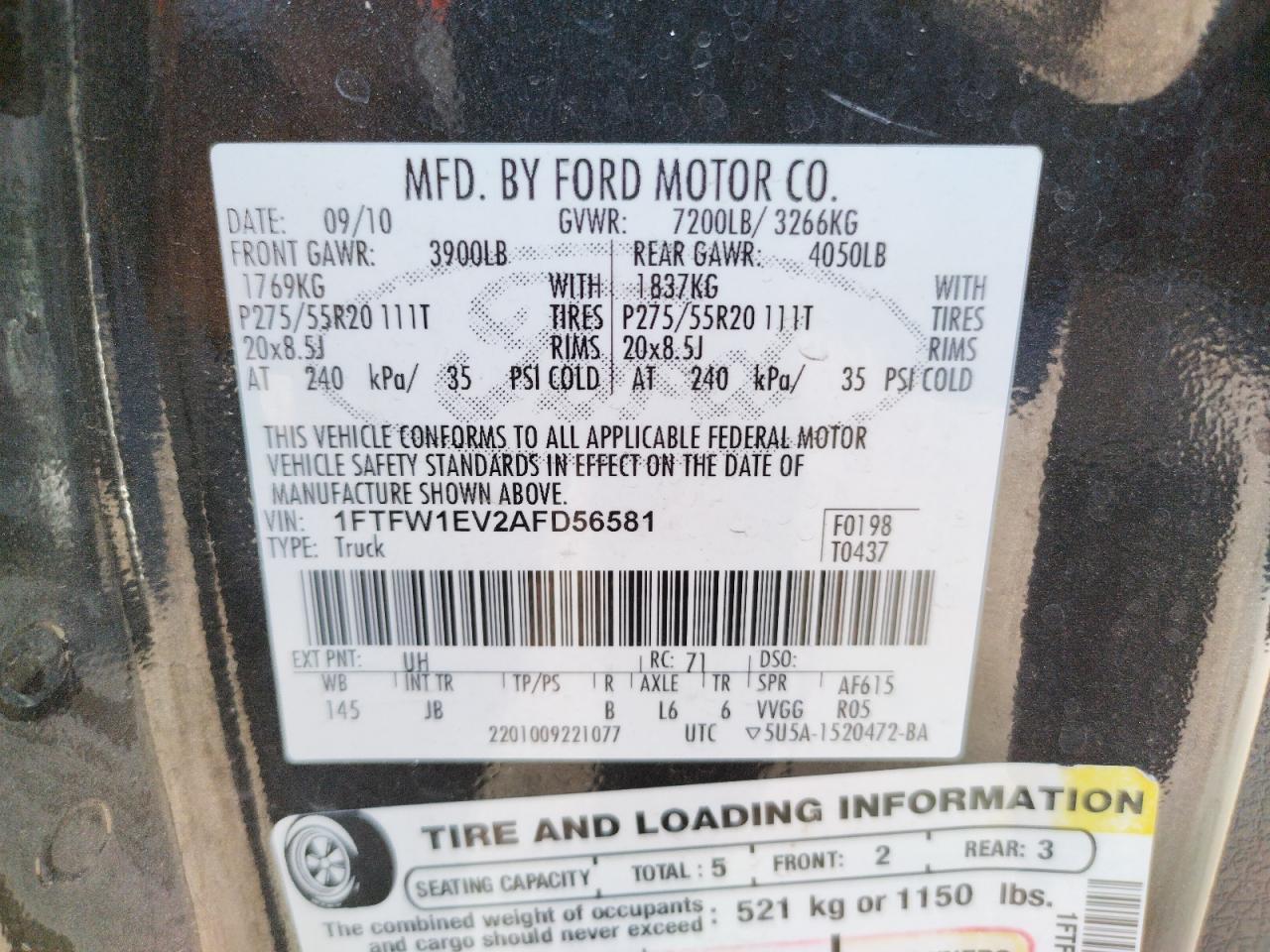 Photo 10 from auction – 2010 FORD F150 SUPER with VIN 1FTFW1EV2AFD56581