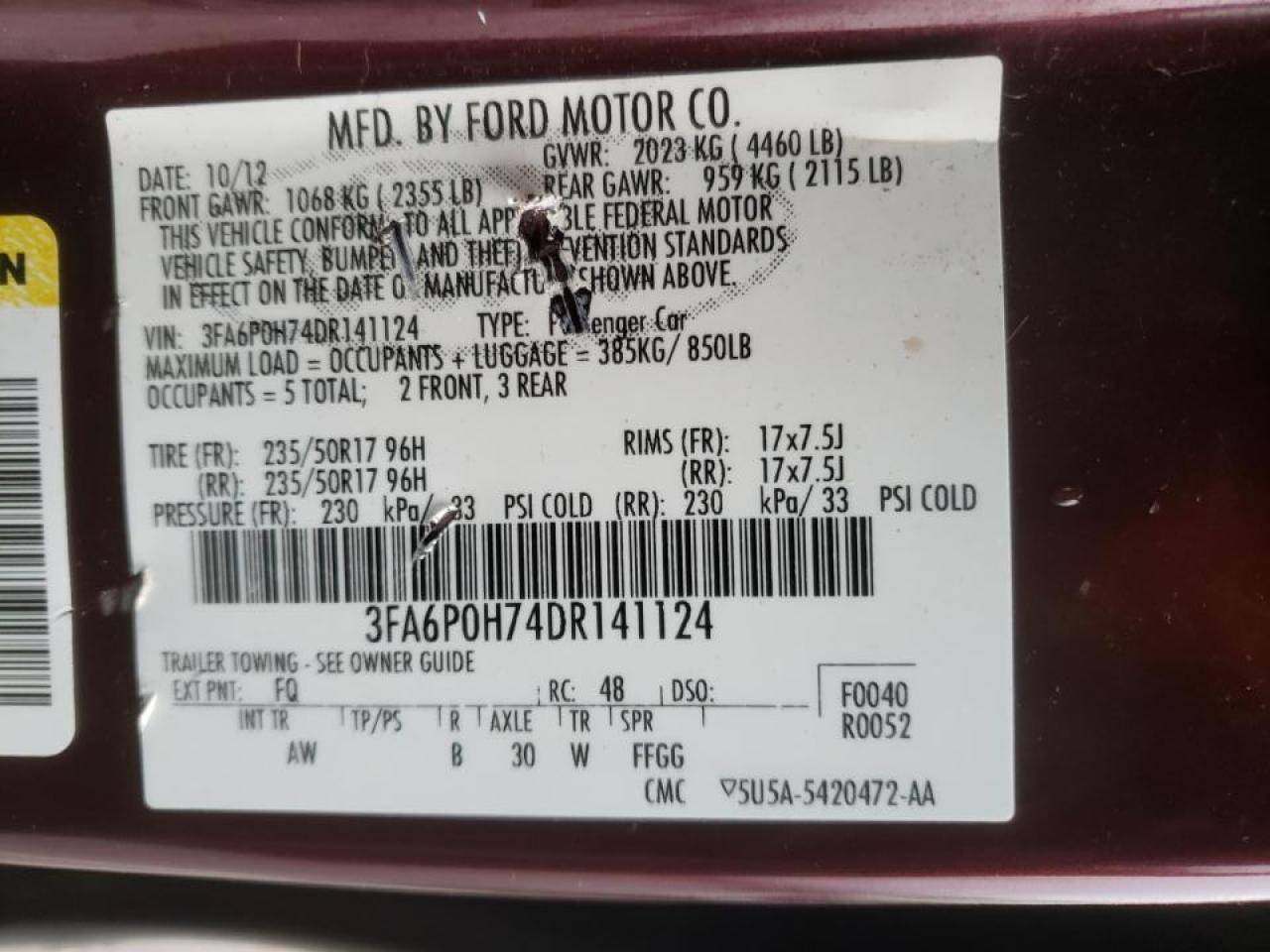 Photo 10 from auction – 2013 FORD FUSION SE with VIN 3FA6P0H74DR141124
