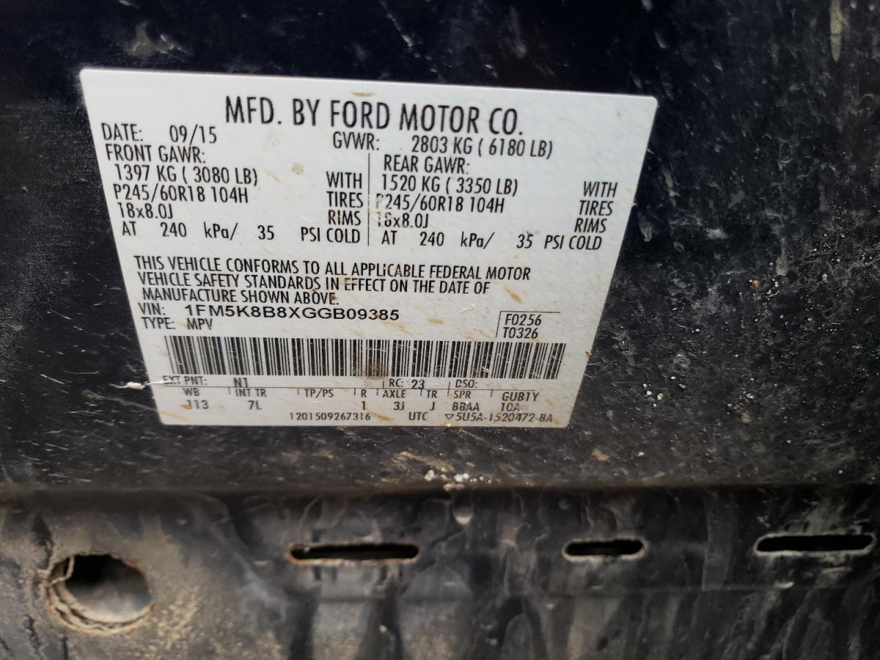 Photo 10 from auction – 2016 FORD EXPLORER with VIN 1FM5K8B8XGGB09385