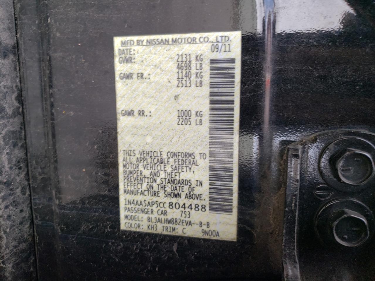 Photo 10 from auction – 2012 NISSAN MAXIMA S with VIN 1N4AA5AP5CC804488