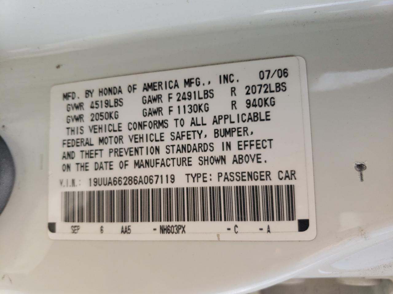 Photo 10 from auction – 2006 ACURA 3.2TL with VIN 19UUA66286A067119