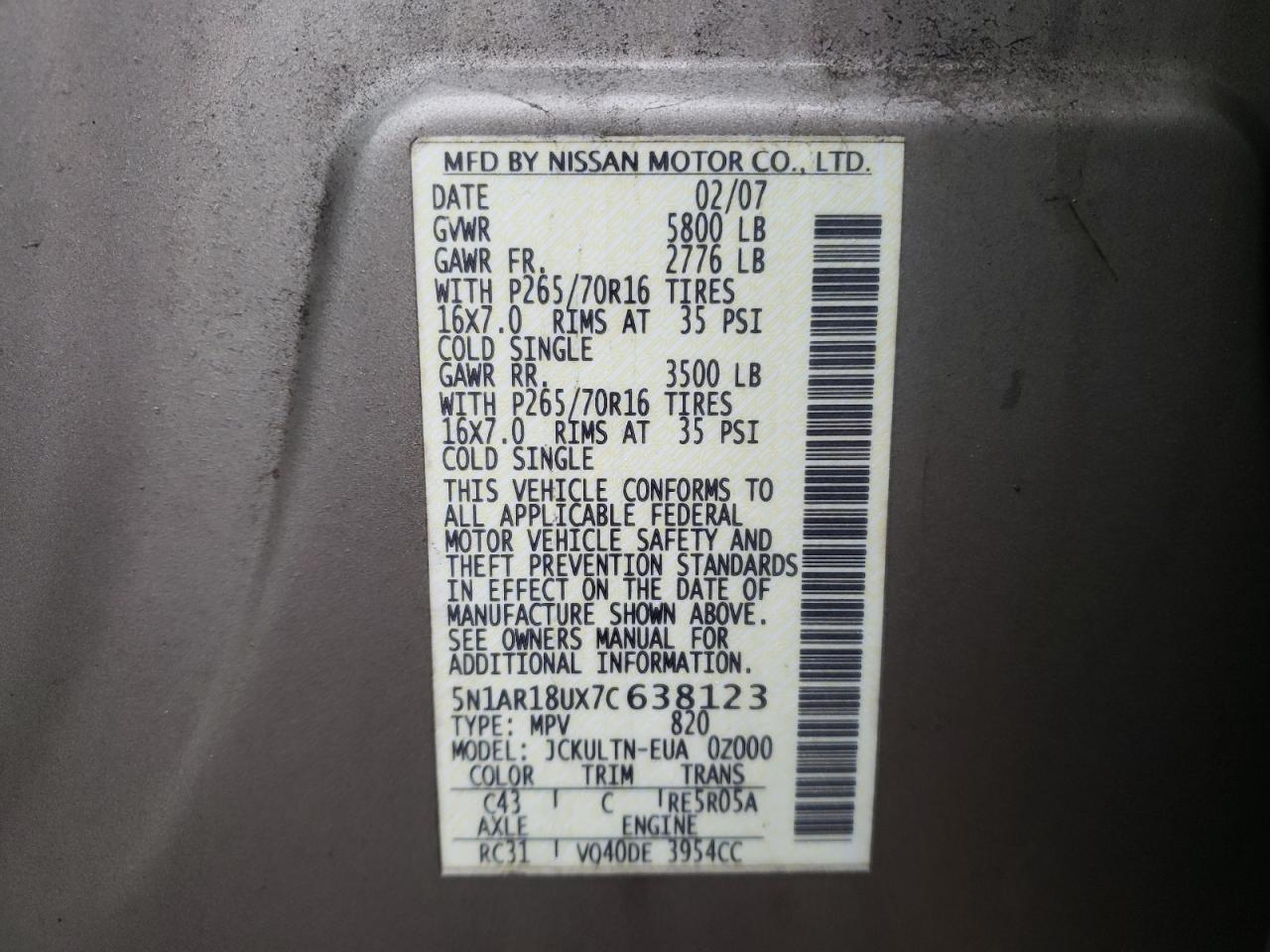 Photo 10 from auction – 2007 NISSAN PATHFINDER with VIN 5N1AR18UX7C638123
