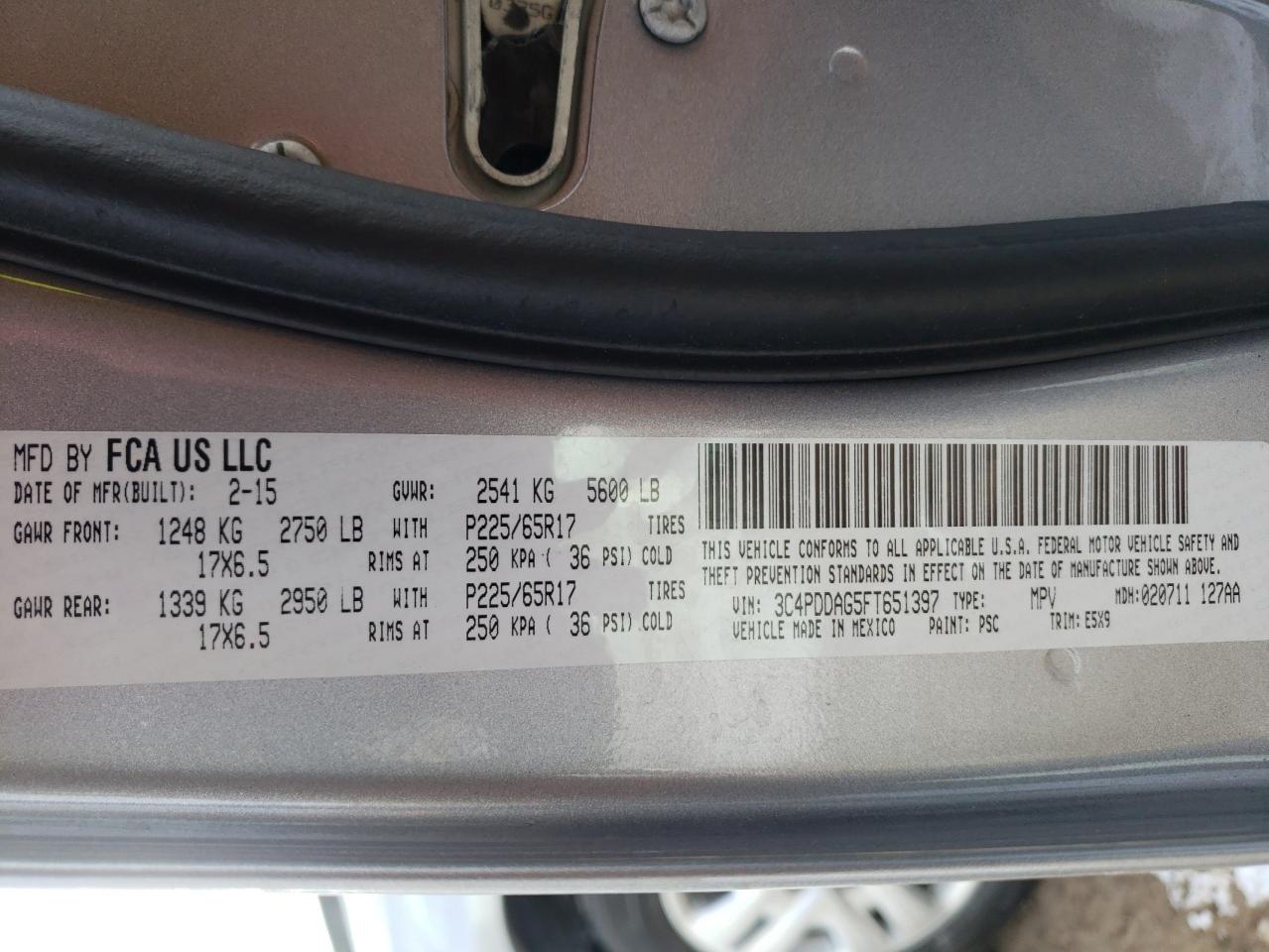 Photo 10 from auction – 2015 DODGE JOURNEY SE with VIN 3C4PDDAG5FT651397