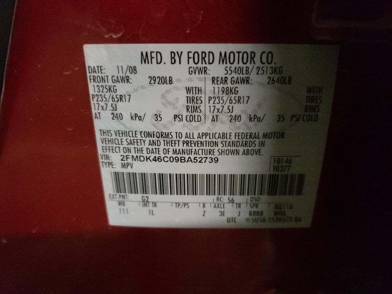 Photo 10 from auction – 2009 FORD EDGE SE with VIN 2FMDK46C09BA52739