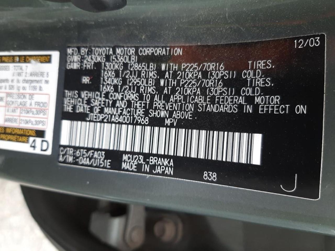 Photo 10 from auction – 2004 TOYOTA HIGHLANDER with VIN JTEDP21A840017968