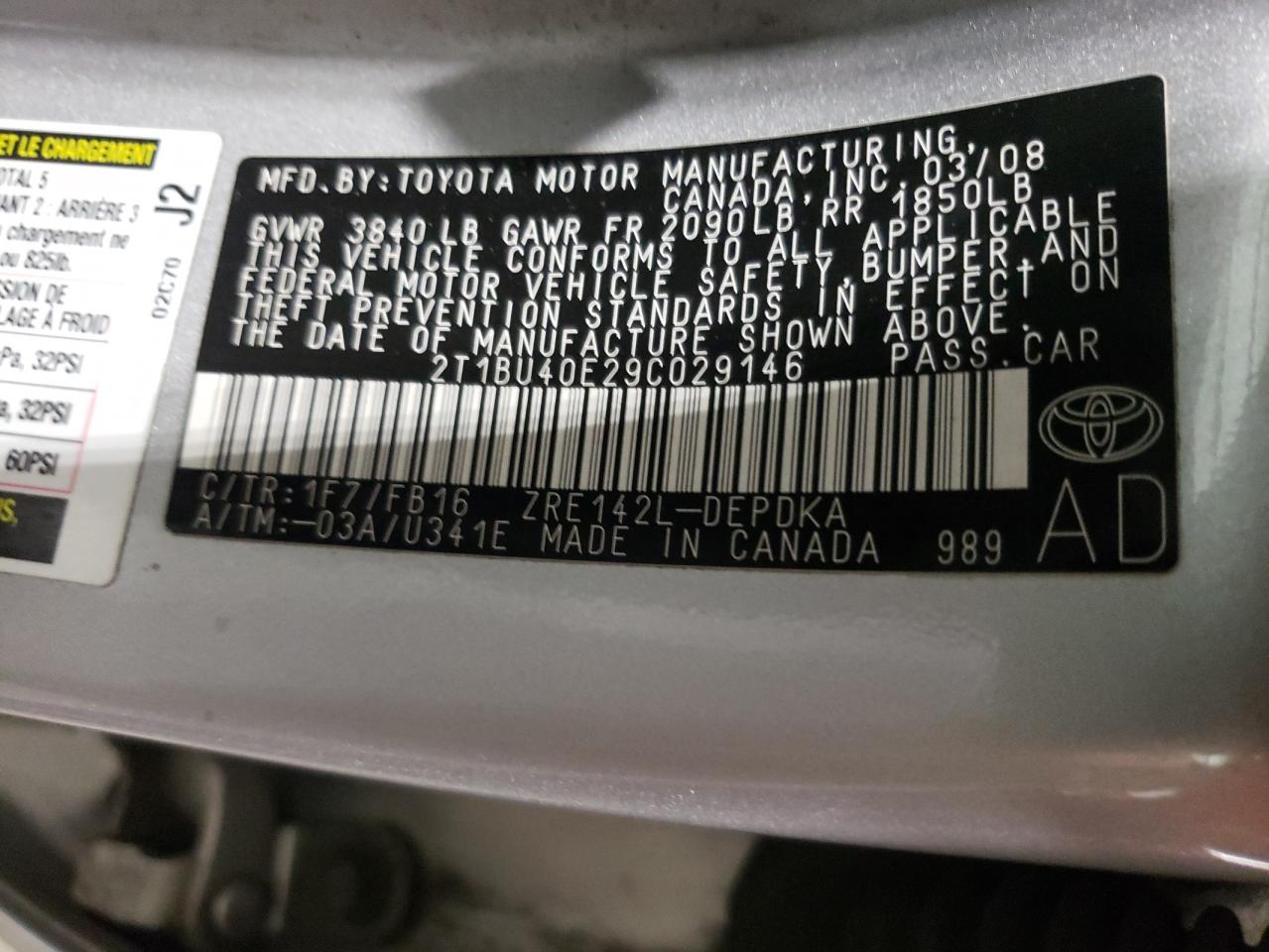 Photo 10 from auction – 2009 TOYOTA COROLLA with VIN 2T1BU40E29C029146