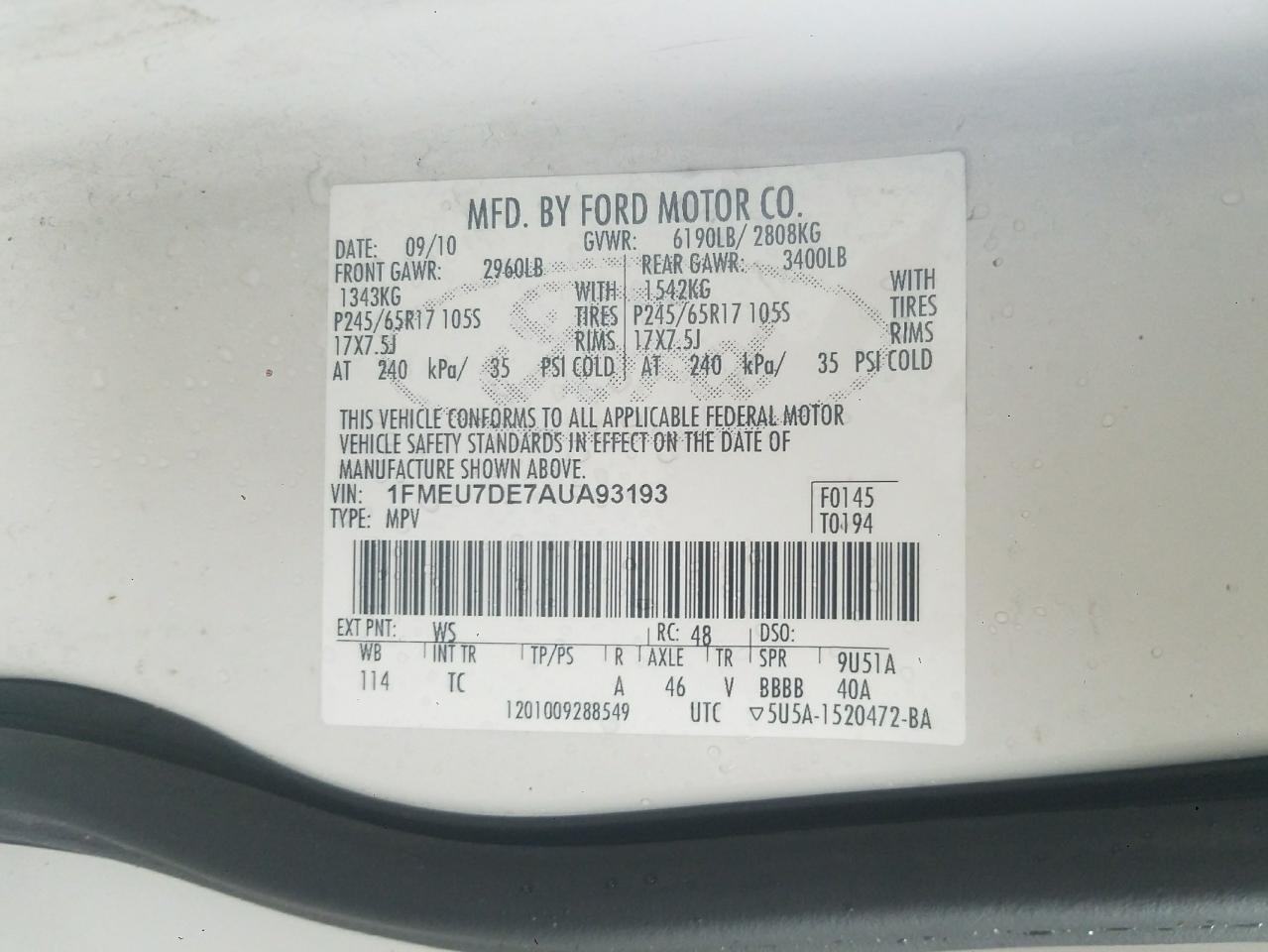 Photo 10 from auction – 2010 FORD EXPLORER X with VIN 1FMEU7DE7AUA93193