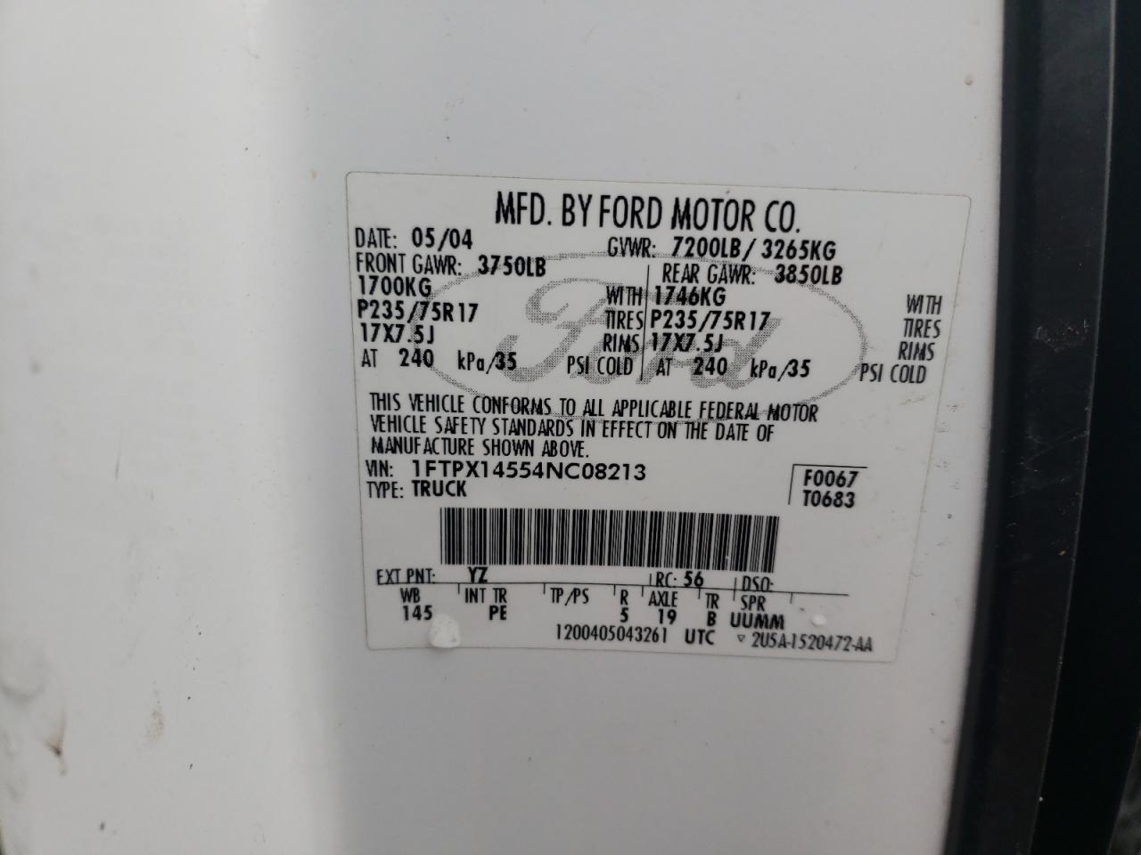 صورة رقم 10 من المزاد - 2004 FORD F150 مع VIN 1FTPX14554NC08213
