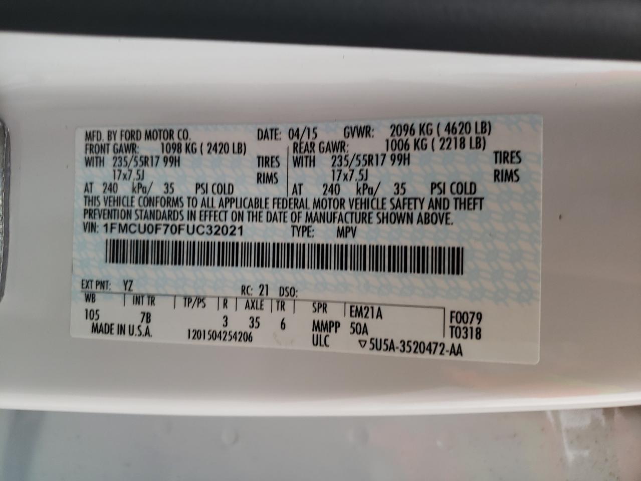 Фото 10 с аукциона – 2015 FORD ESCAPE S с VIN 1FMCU0F70FUC32021