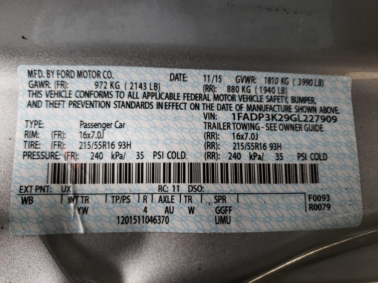 Photo 10 from auction – 2016 FORD FOCUS SE with VIN 1FADP3K29GL227909