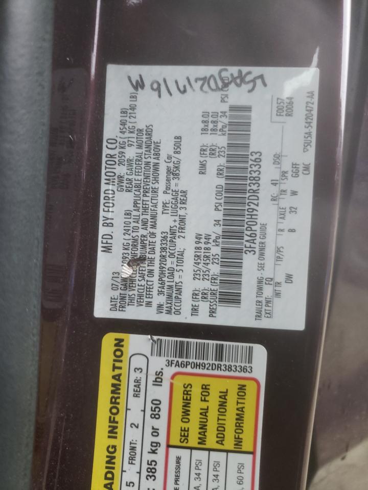 Photo 10 from auction – 2013 FORD FUSION SE with VIN 3FA6P0H92DR383363
