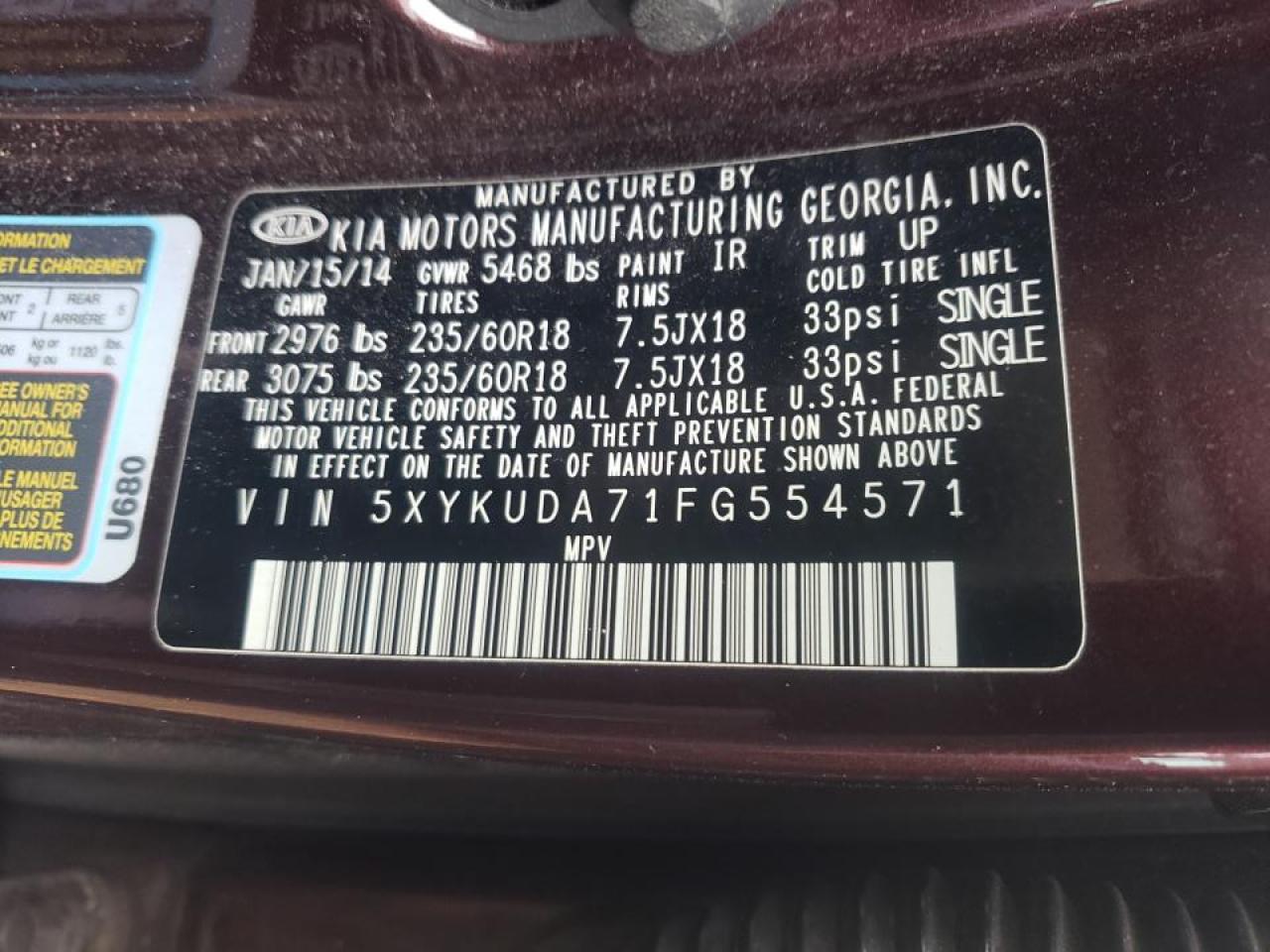 Photo 10 from auction – 2015 KIA SORENTO EX with VIN 5XYKUDA71FG554571
