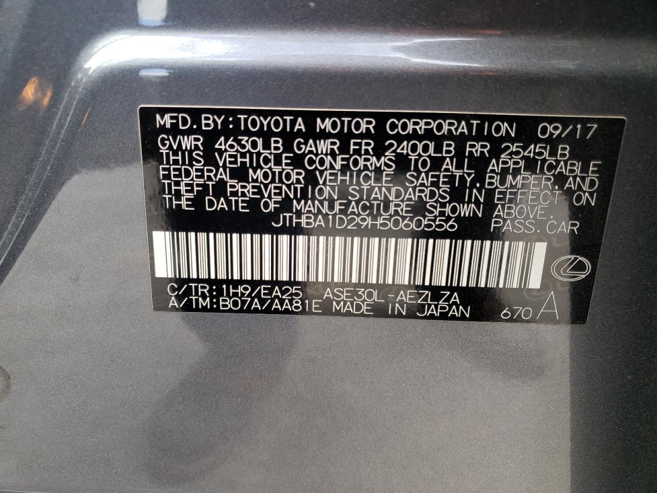 Photo 10 from auction – 2017 LEXUS IS 200T with VIN JTHBA1D29H5060556