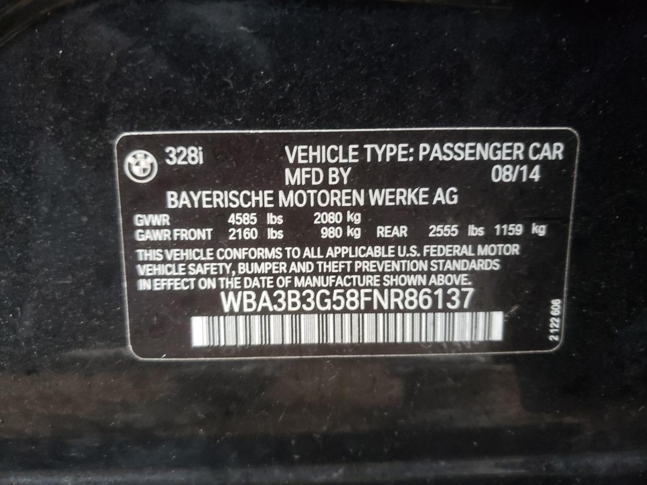 Photo 10 from auction – 2015 BMW 328 XI with VIN WBA3B3G58FNR86137