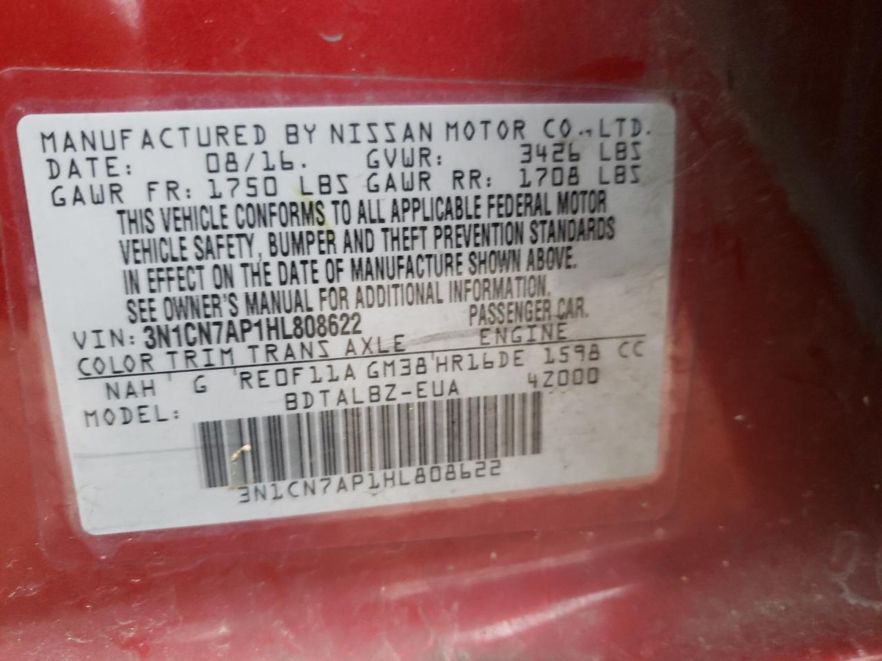 Photo 10 from auction – 2017 NISSAN VERSA S with VIN 3N1CN7AP1HL808622