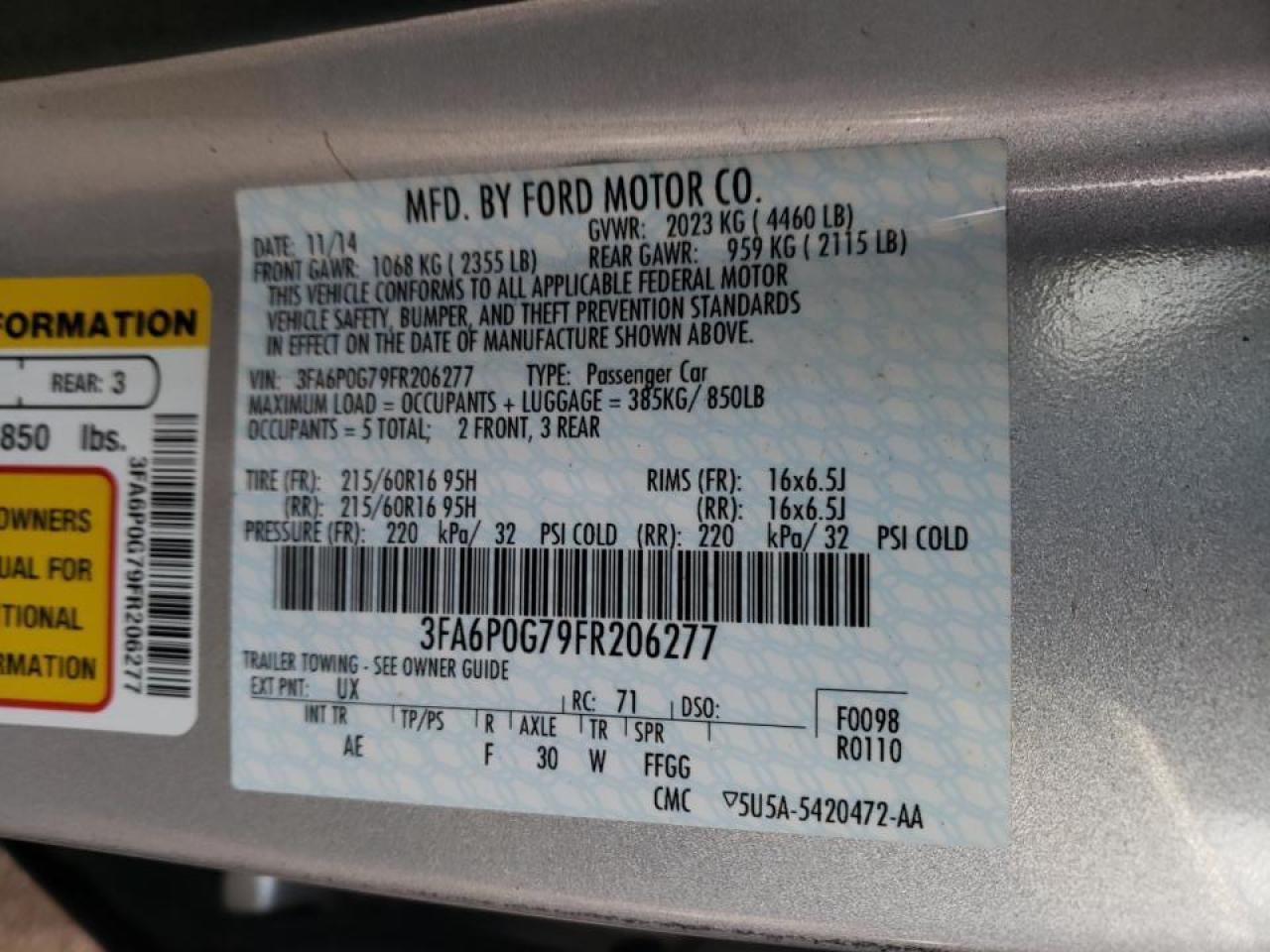Photo 10 from auction – 2015 FORD FUSION S with VIN 3FA6P0G79FR206277