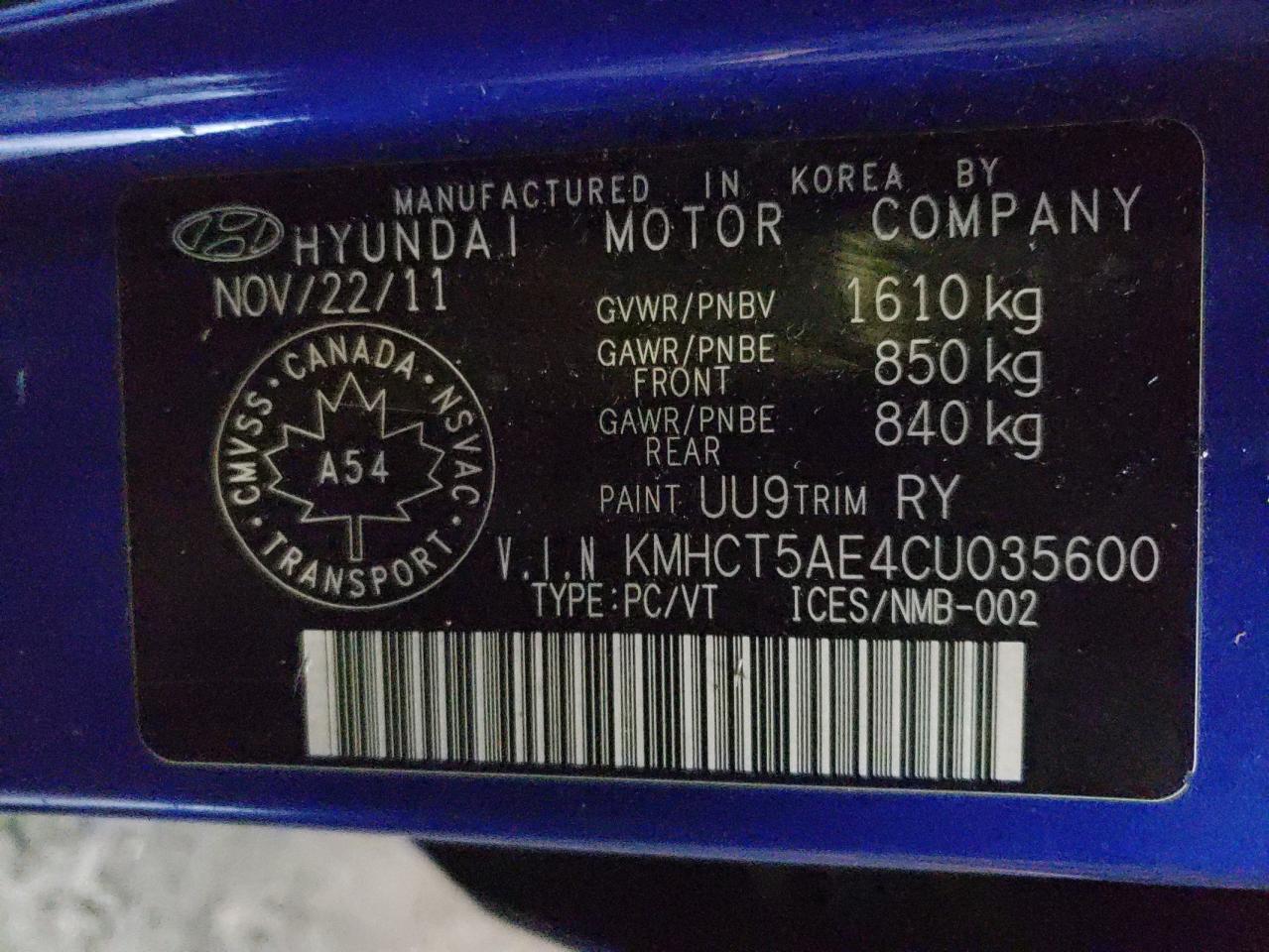 Photo 10 from auction – 2012 HYUNDAI ACCENT GLS with VIN KMHCT5AE4CU035600