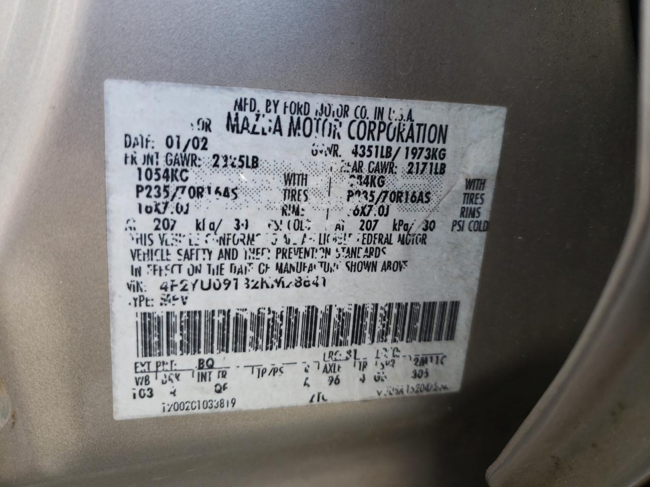 Photo 10 from auction – 2002 MAZDA TRIBUTE LX with VIN 4F2YU09132KM28641