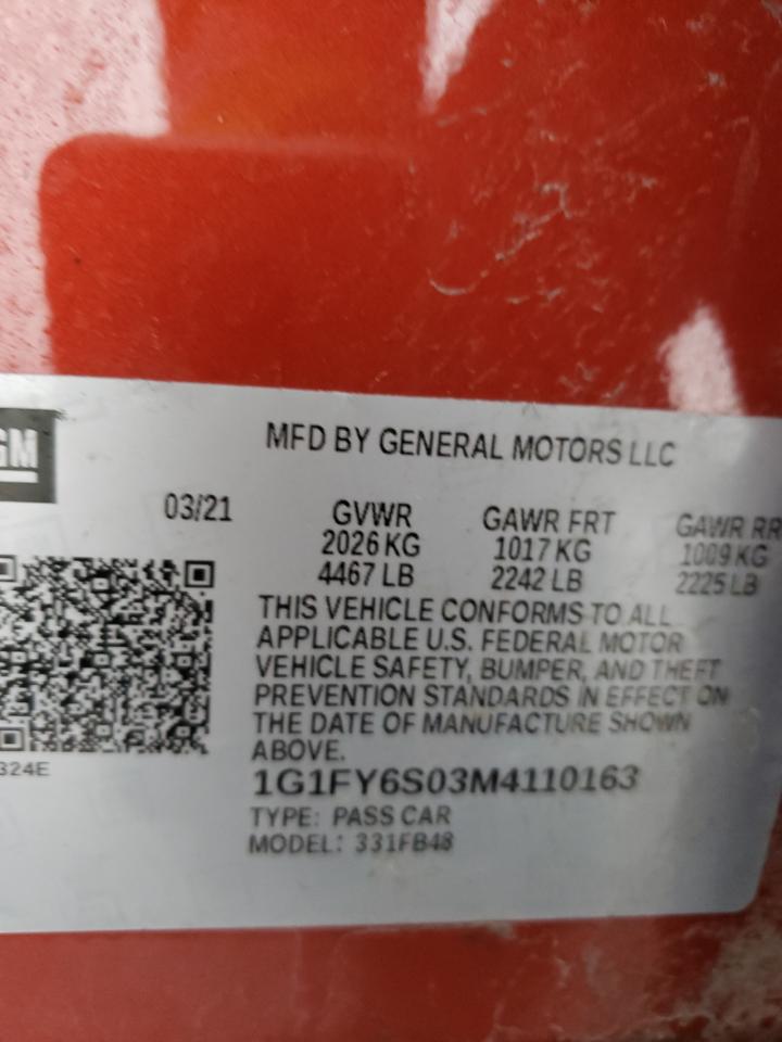 Photo 10 from auction – 2021 CHEVROLET BOLT EV LT with VIN 1G1FY6S03M4110163
