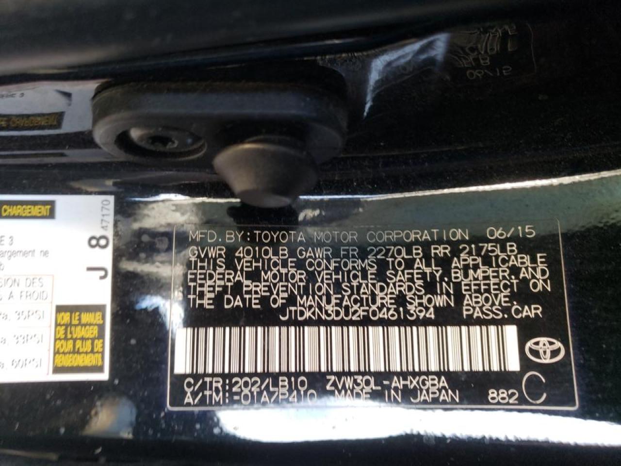 Photo 10 from auction – 2015 TOYOTA PRIUS with VIN JTDKN3DU2F0461394
