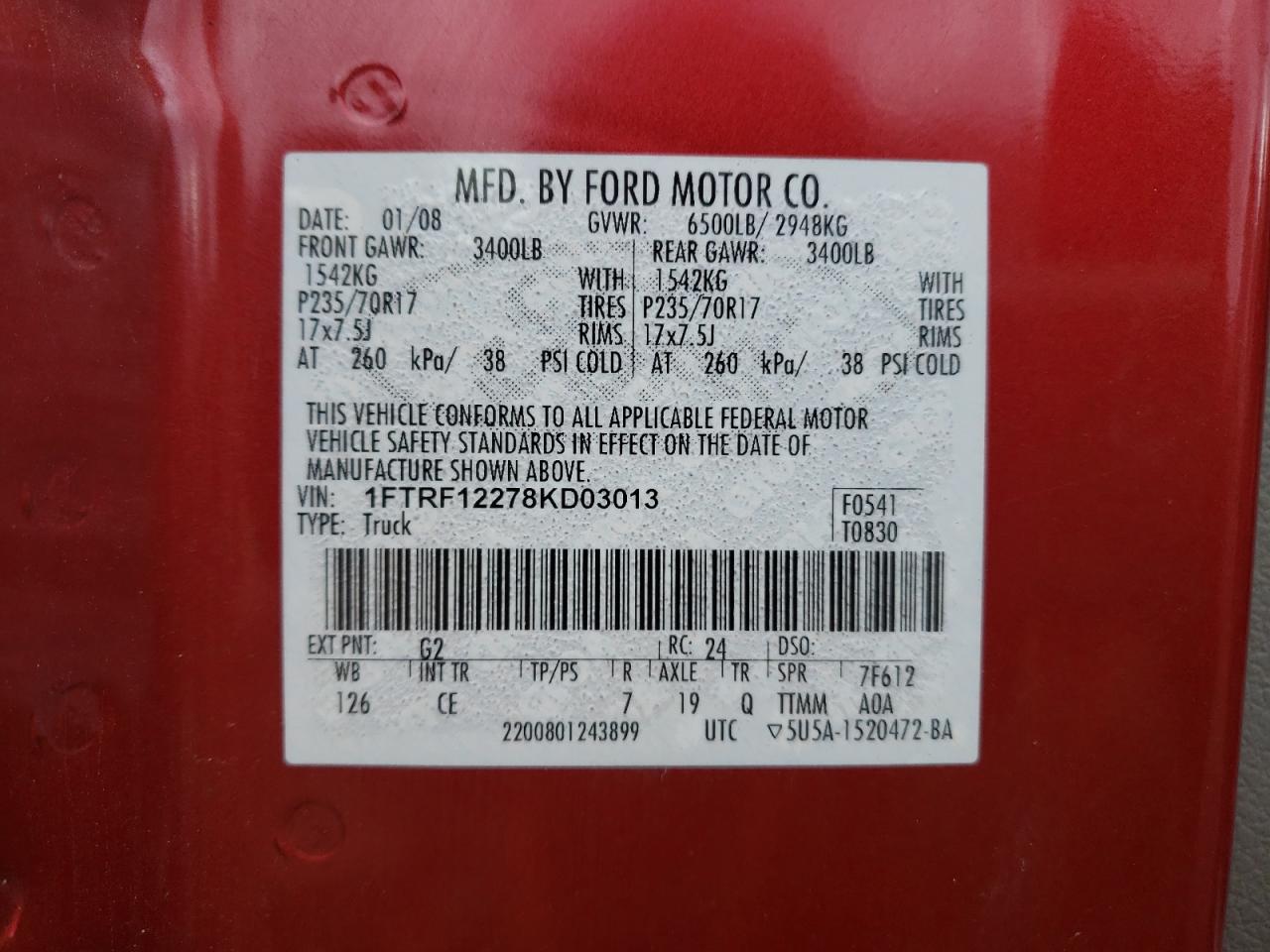 Photo 10 from auction – 2008 FORD F150 with VIN 1FTRF12278KD03013