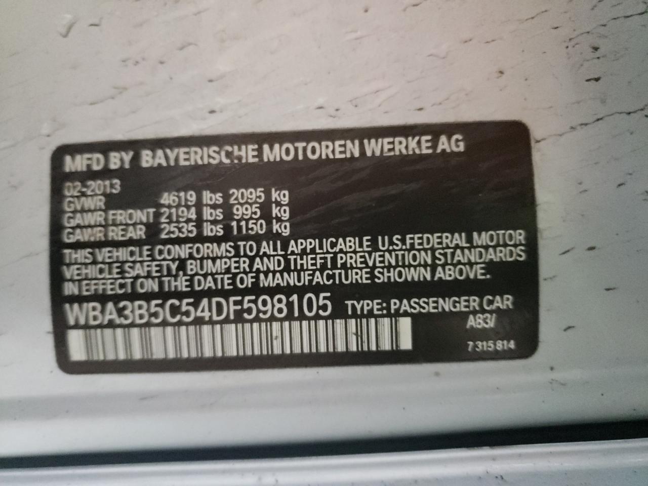 Photo 10 from auction – 2013 BMW 328 XI SUL with VIN WBA3B5C54DF598105