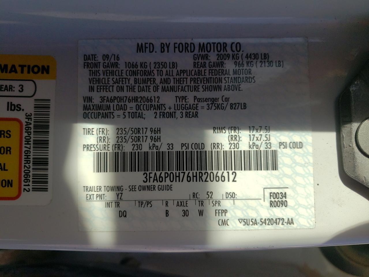 Photo 10 from auction – 2017 FORD FUSION SE with VIN 3FA6P0H76HR206612