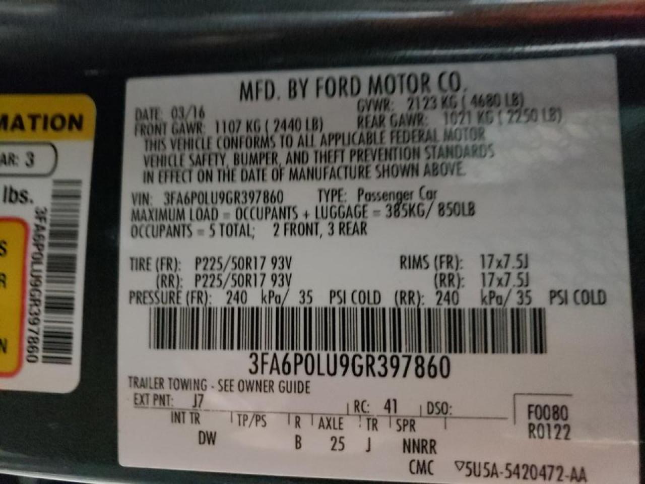 Photo 10 from auction – 2016 FORD FUSION SE with VIN 3FA6P0LU9GR397860