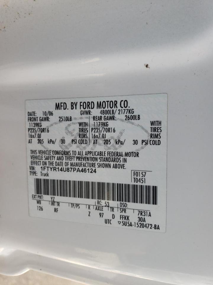Photo 10 from auction – 2007 FORD RANGER SUP with VIN 1FTYR14U87PA46124