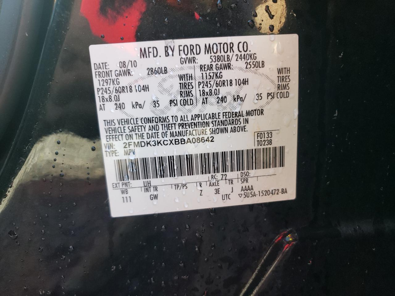 Photo 10 from auction – 2011 FORD EDGE LIMIT with VIN 2FMDK3KCXBBA08642
