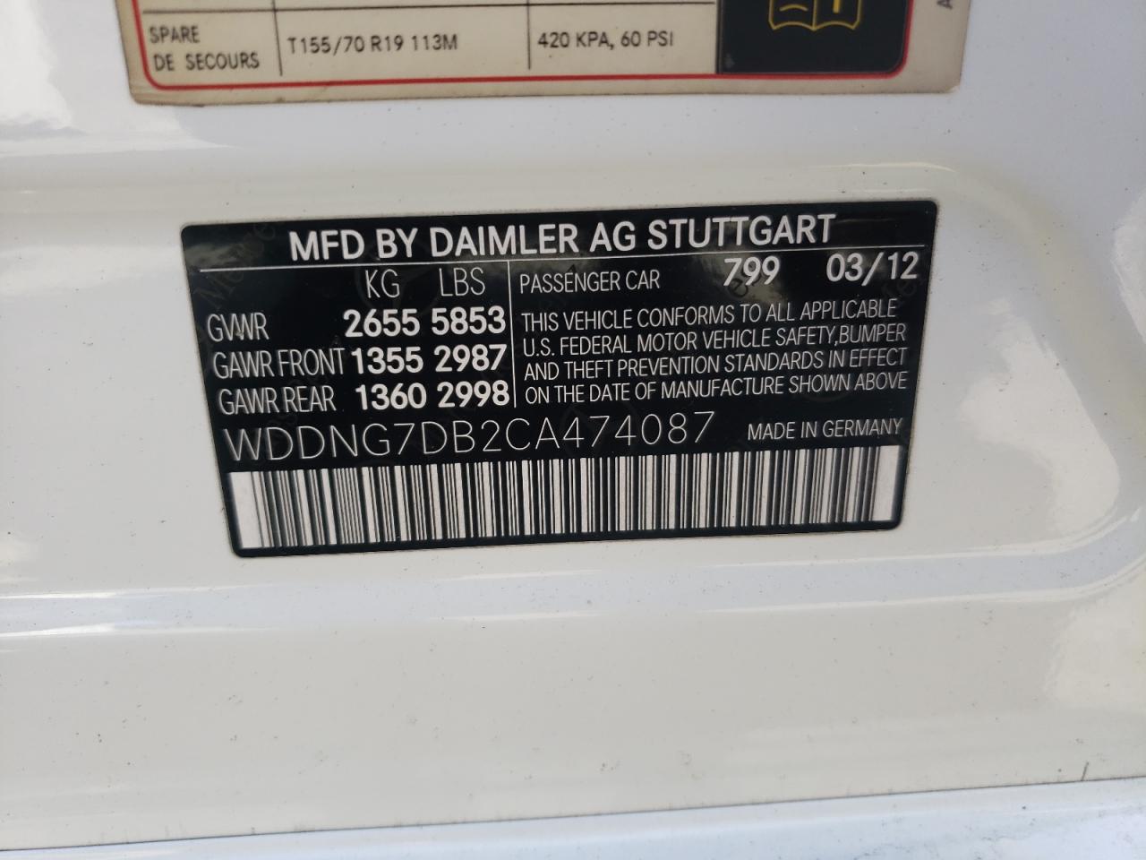 Photo 10 from auction – 2012 MERCEDES-BENZ S 550 with VIN WDDNG7DB2CA474087