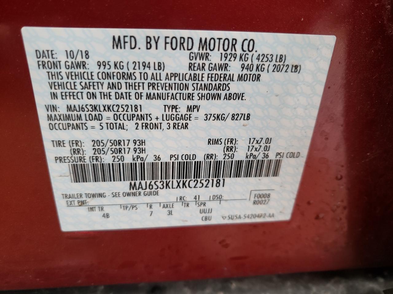 Photo 10 from auction – 2019 FORD ECOSPORT T with VIN MAJ6S3KLXKC252181