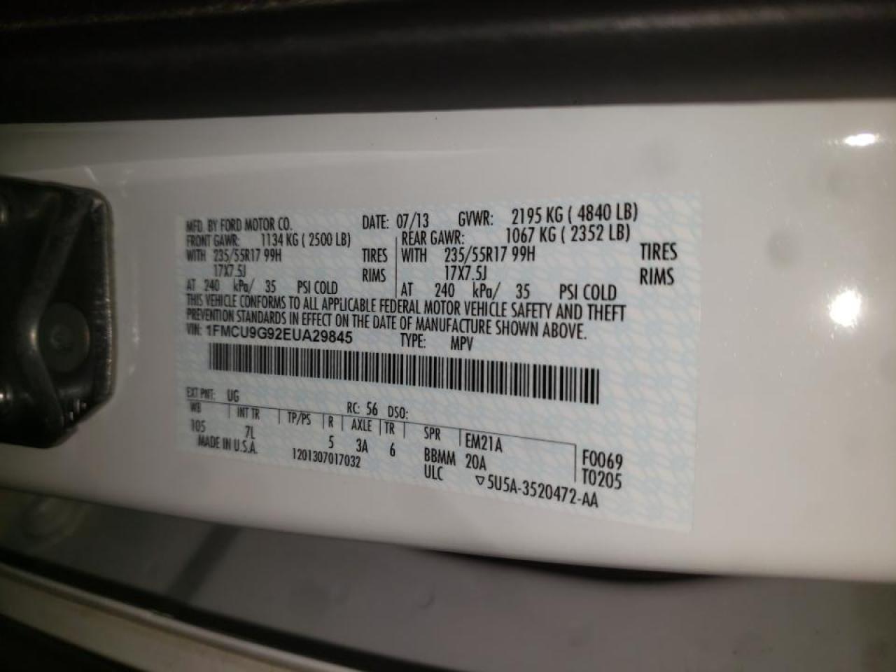 Photo 10 from auction – 2014 FORD ESCAPE SE with VIN 1FMCU9G92EUA29845