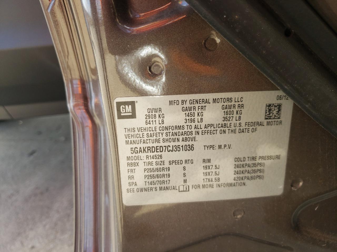 Photo 10 from auction – 2012 BUICK ENCLAVE with VIN 5GAKRDED7CJ351036