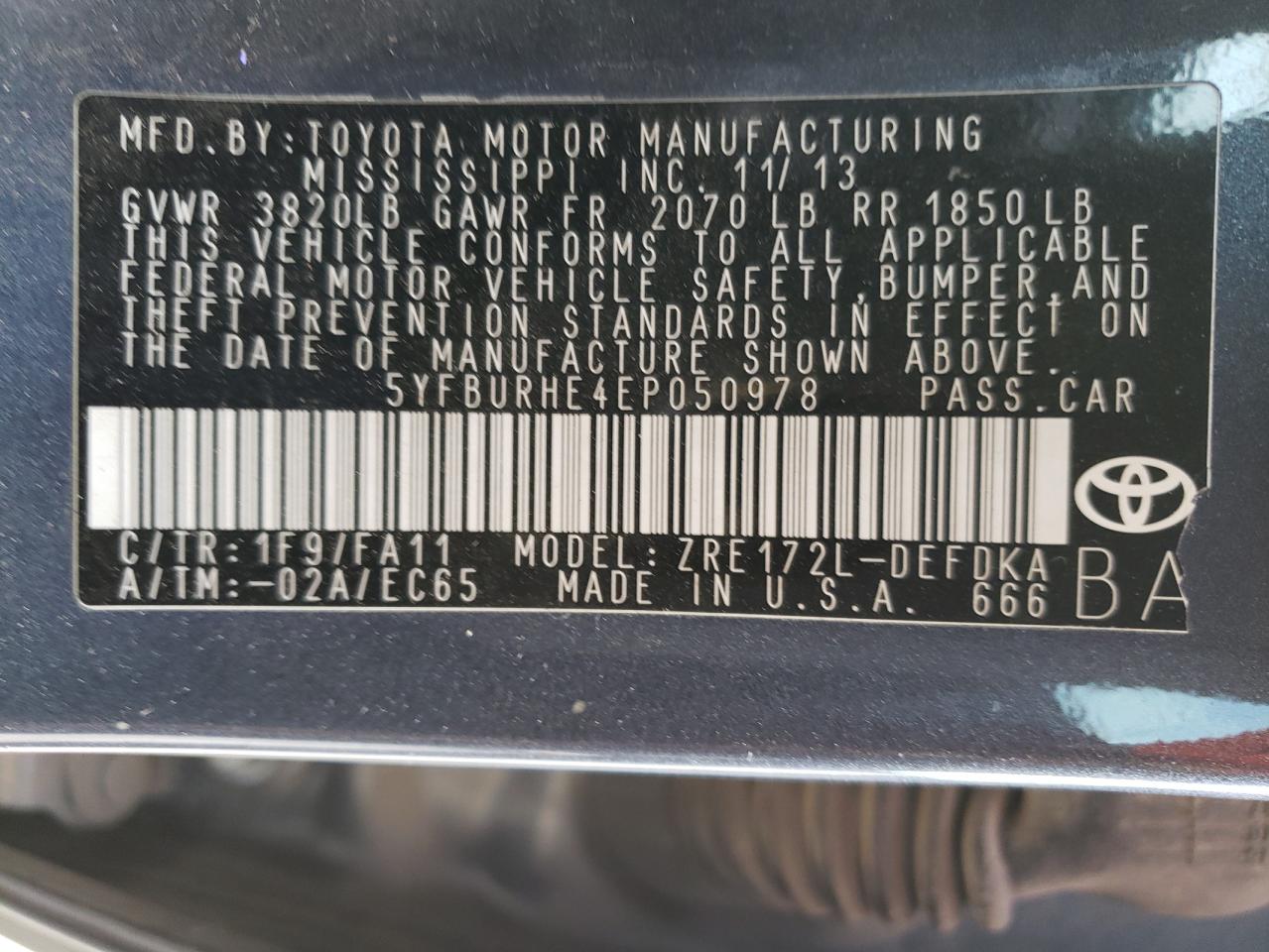 Photo 10 from auction – 2014 TOYOTA COROLLA L with VIN 5YFBURHE4EP050978