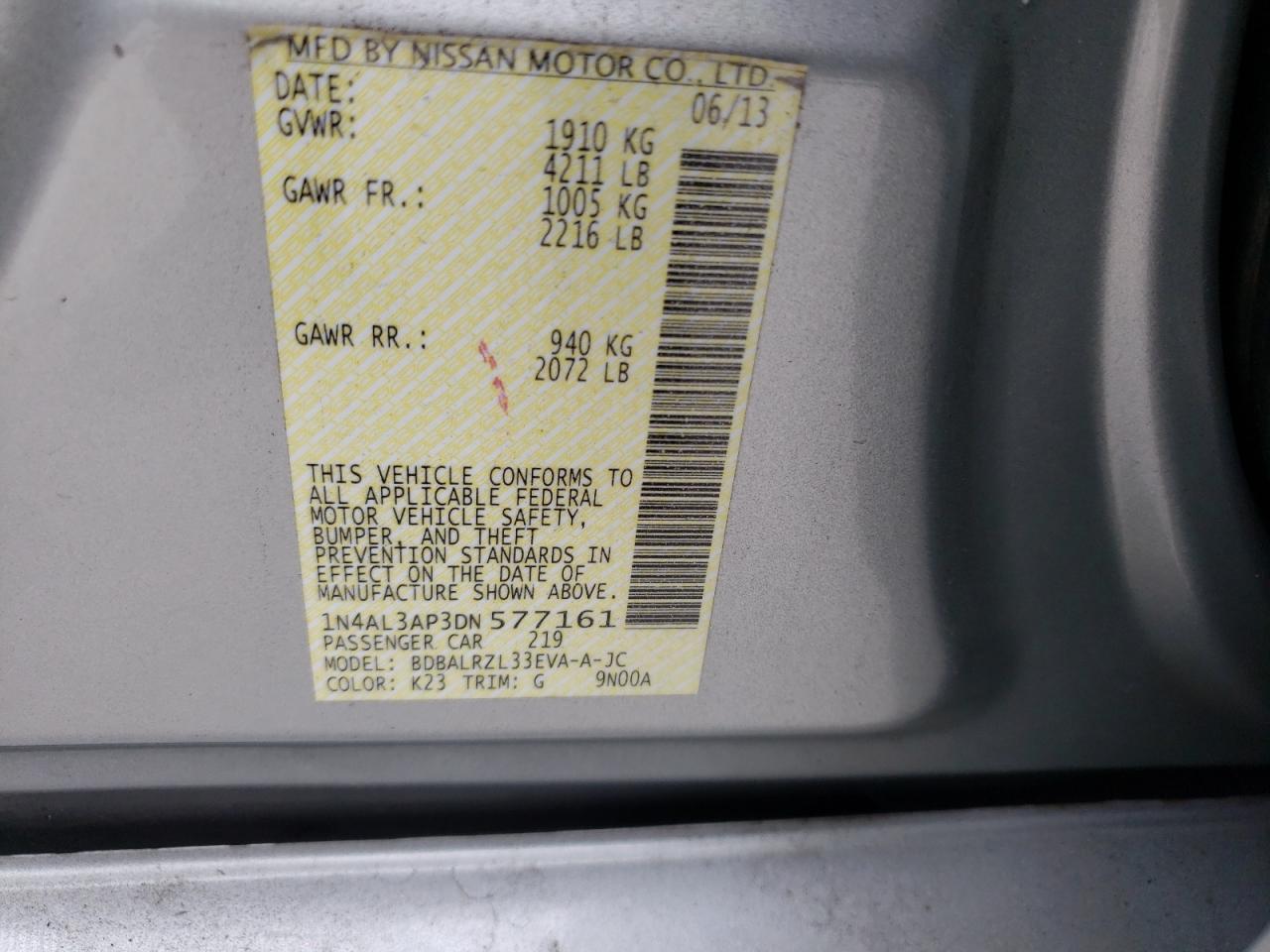 Photo 10 from auction – 2013 NISSAN ALTIMA 2.5 with VIN 1N4AL3AP3DN577161