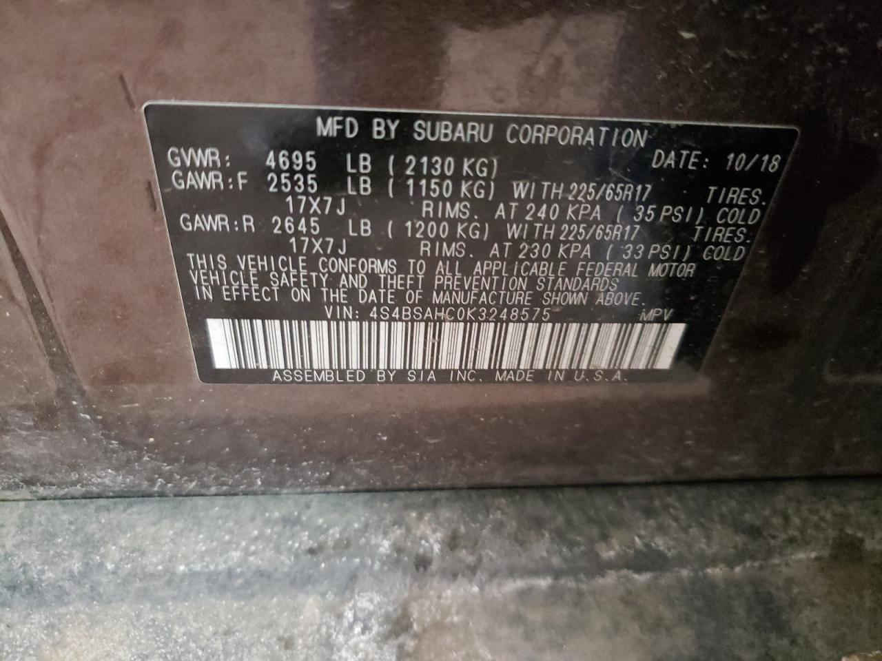 Photo 10 from auction – 2019 SUBARU OUTBACK 2. with VIN 4S4BSAHC0K3248575