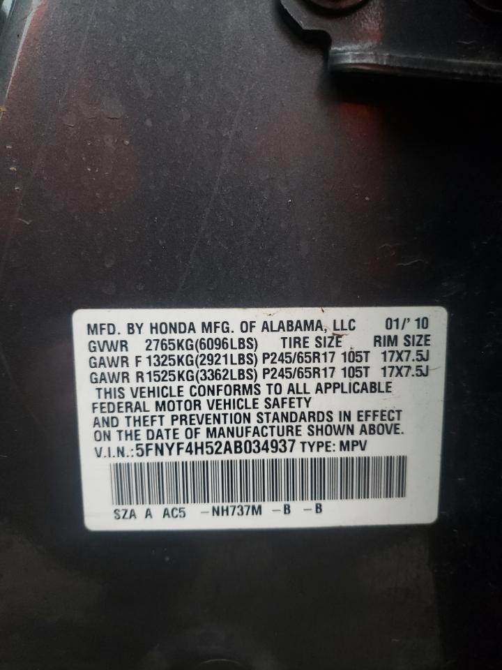 Photo 10 from auction – 2010 HONDA PILOT EXL with VIN 5FNYF4H52AB034937