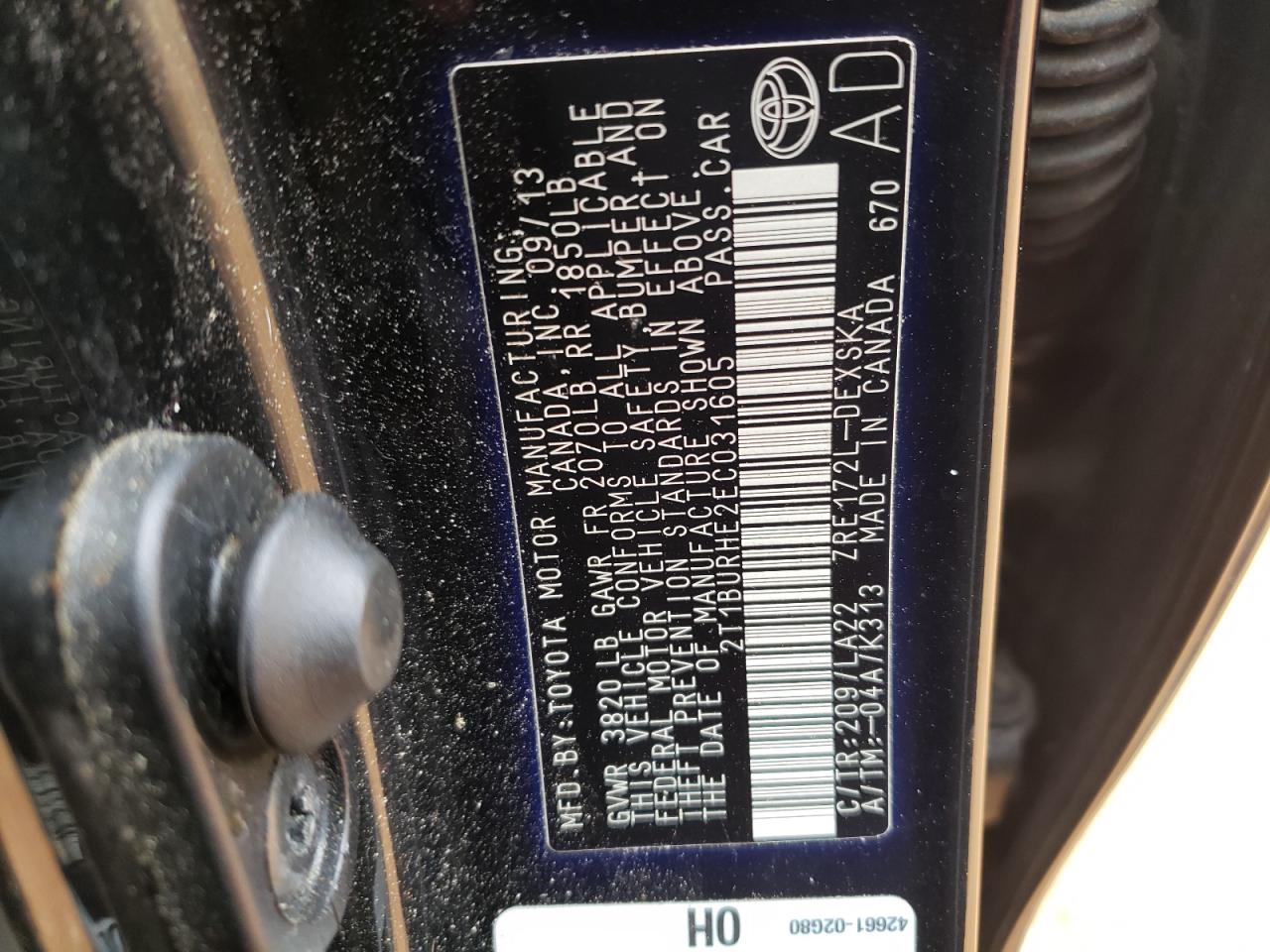 Photo 10 from auction – 2014 TOYOTA COROLLA L with VIN 2T1BURHE2EC031605