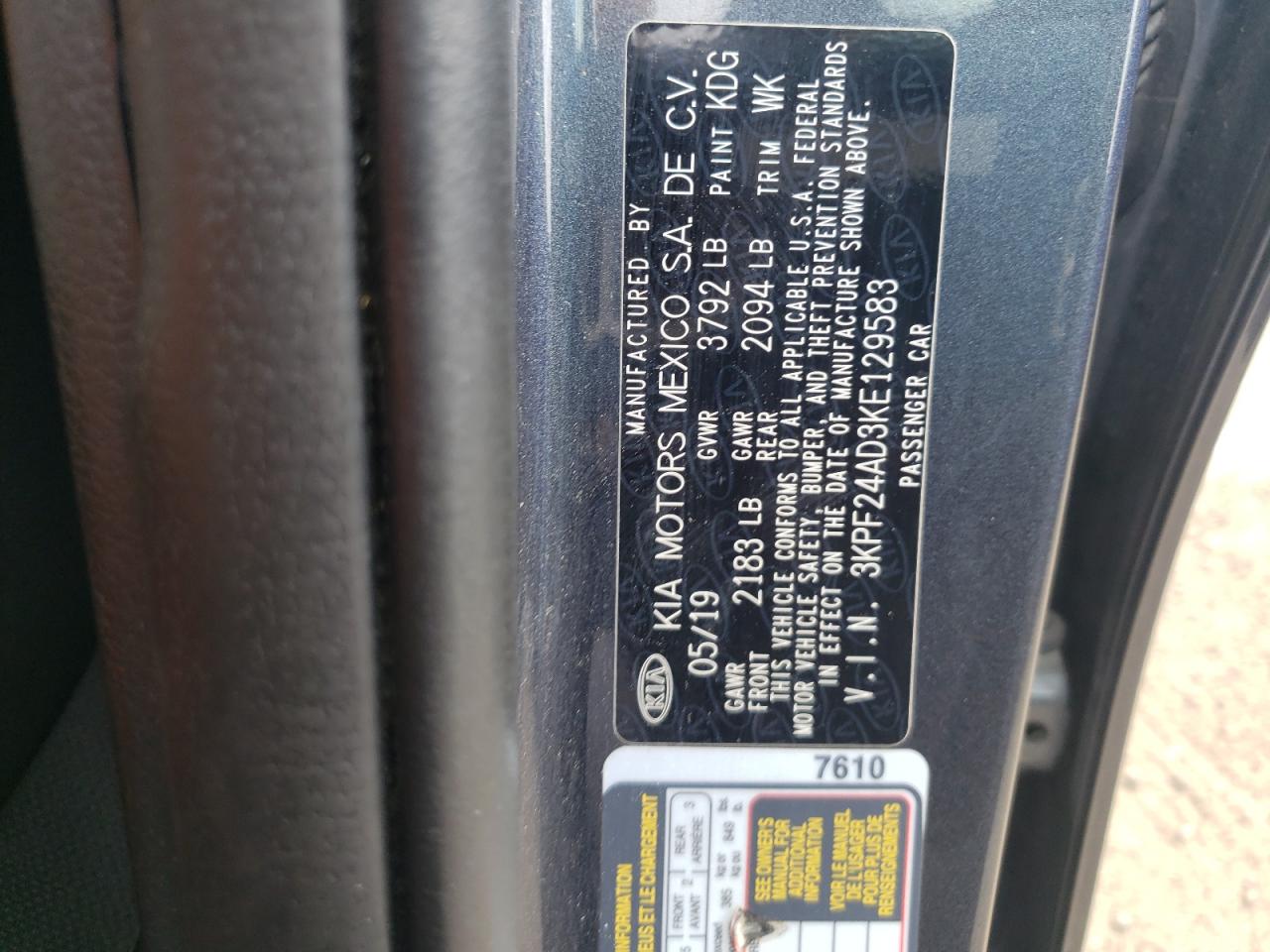 Photo 10 from auction – 2019 KIA FORTE FE with VIN 3KPF24AD3KE129583